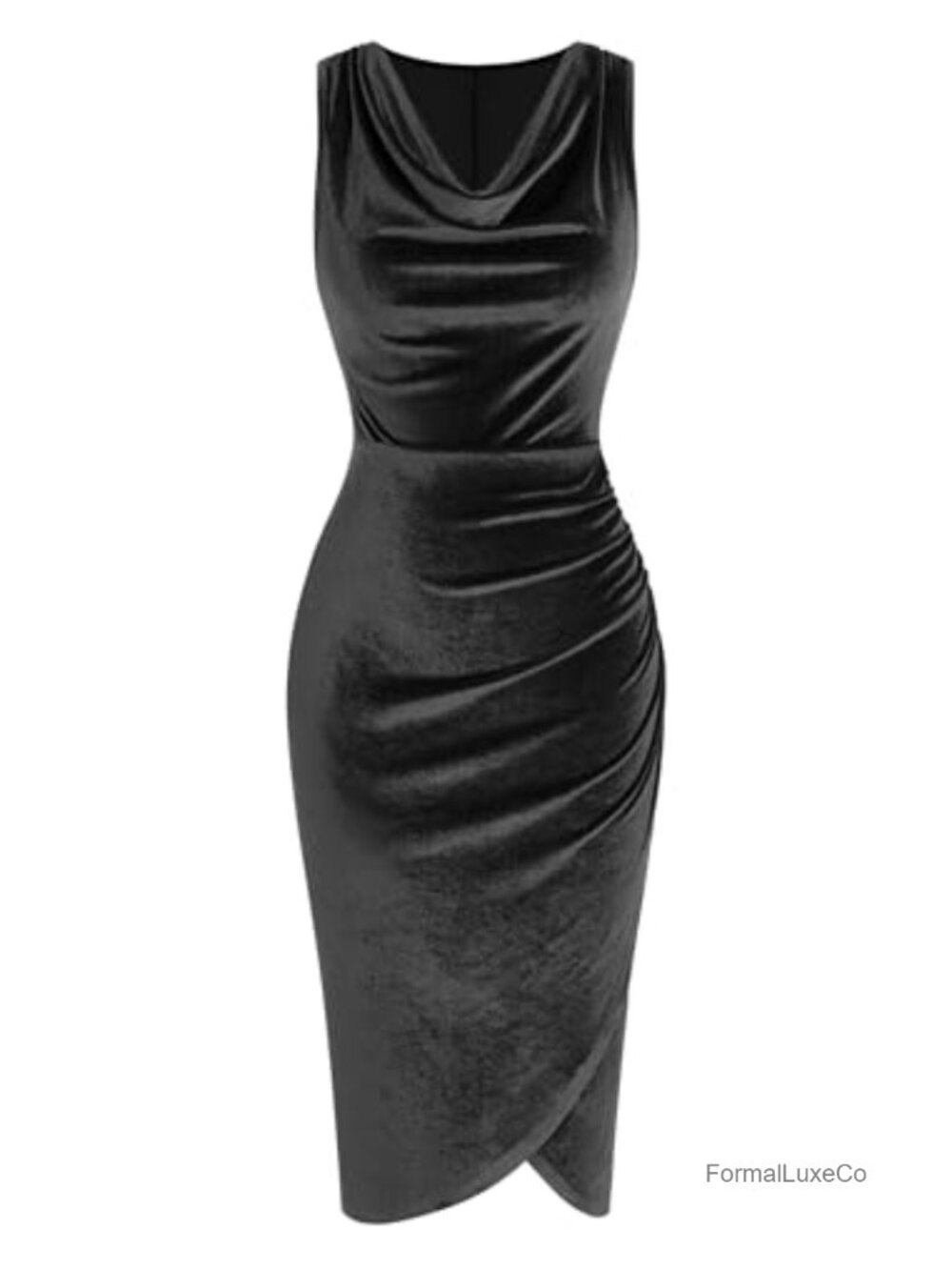 Velvet Ruched Bodycon Cocktail Midi Dress Cowl Neck Side Slit